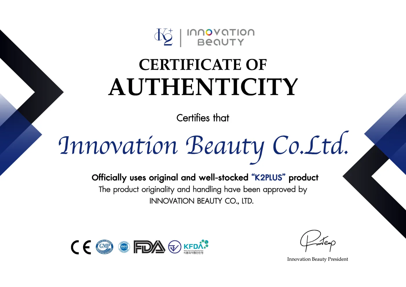 Innovation Beauty K2 PLUS Certificate