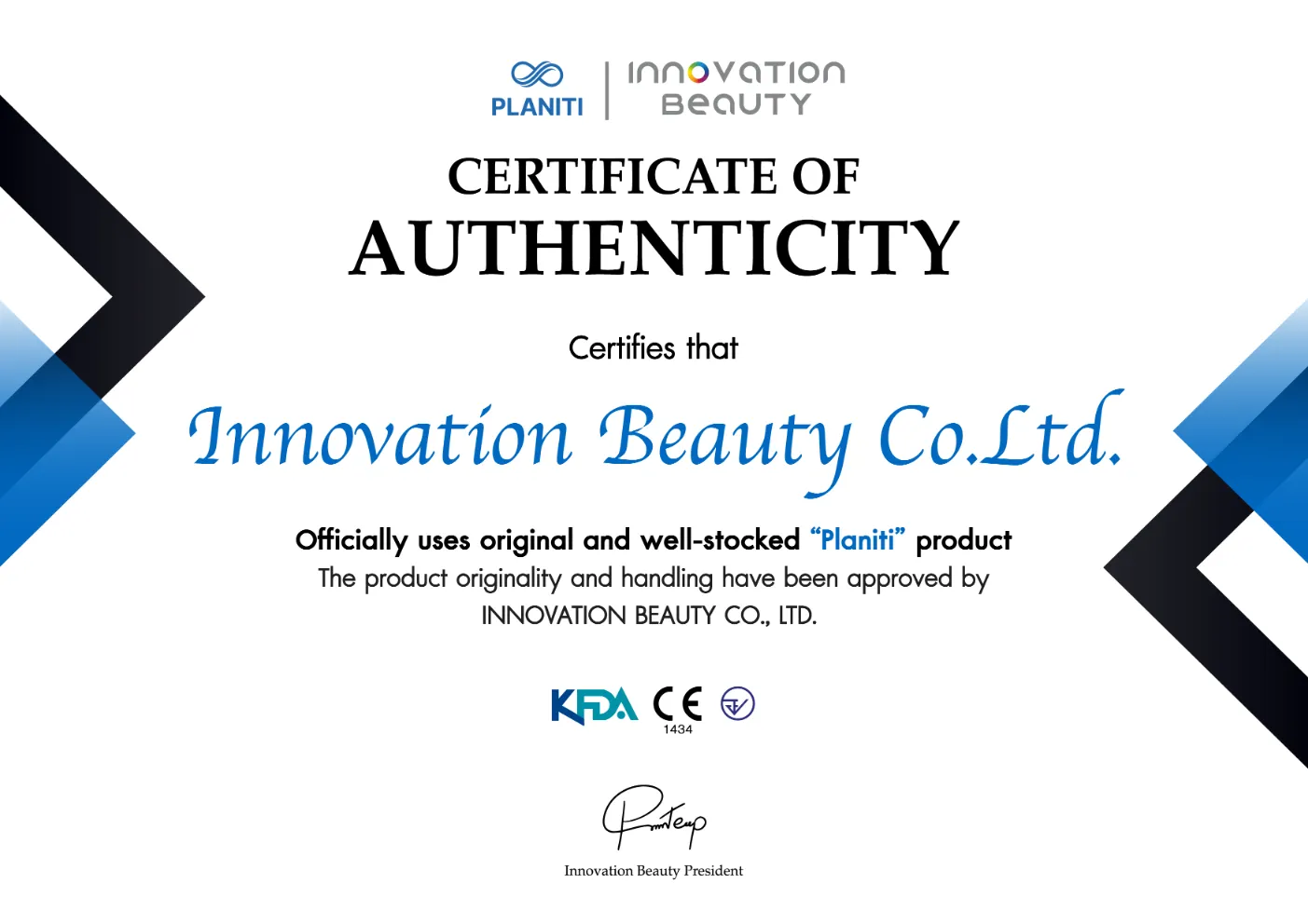 Innovation Beauty Planiti Certificate